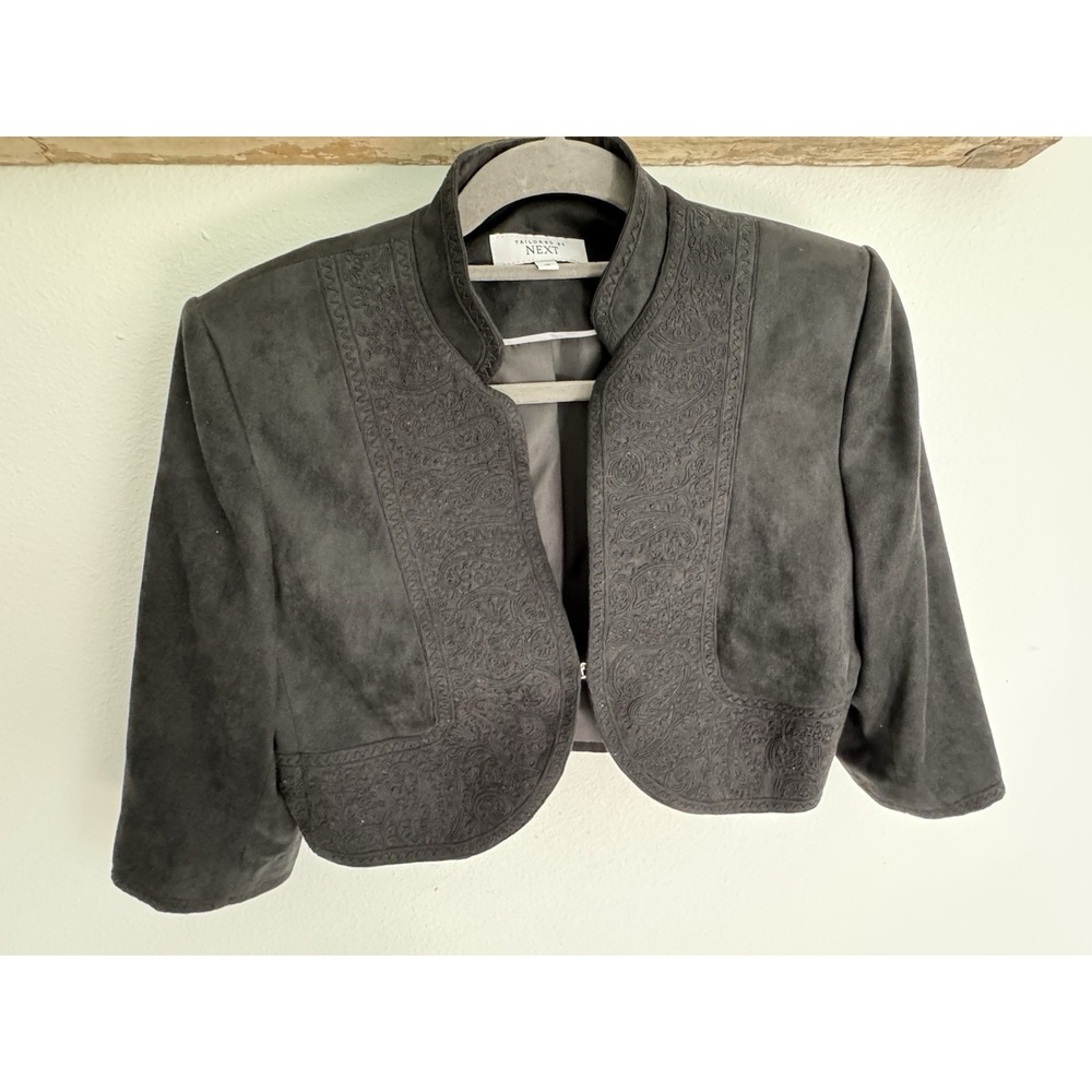 NEXT Tailored Black Cropped Jacket Sz 14 Paisley Embroidered Hook Front Lined - Picture 2 of 10